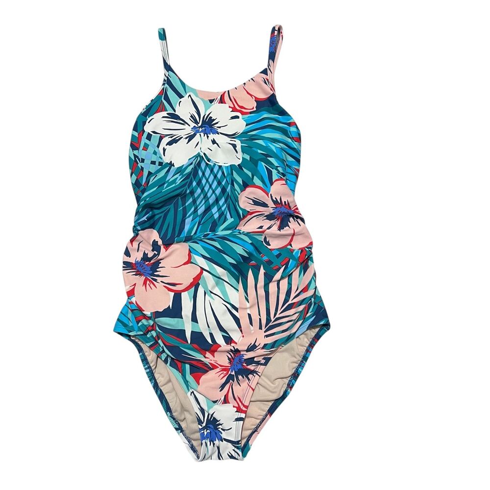 Kona‎ Sol One Piece Swimsuit Medium Teal Tropical Floral Palm Beach Resort